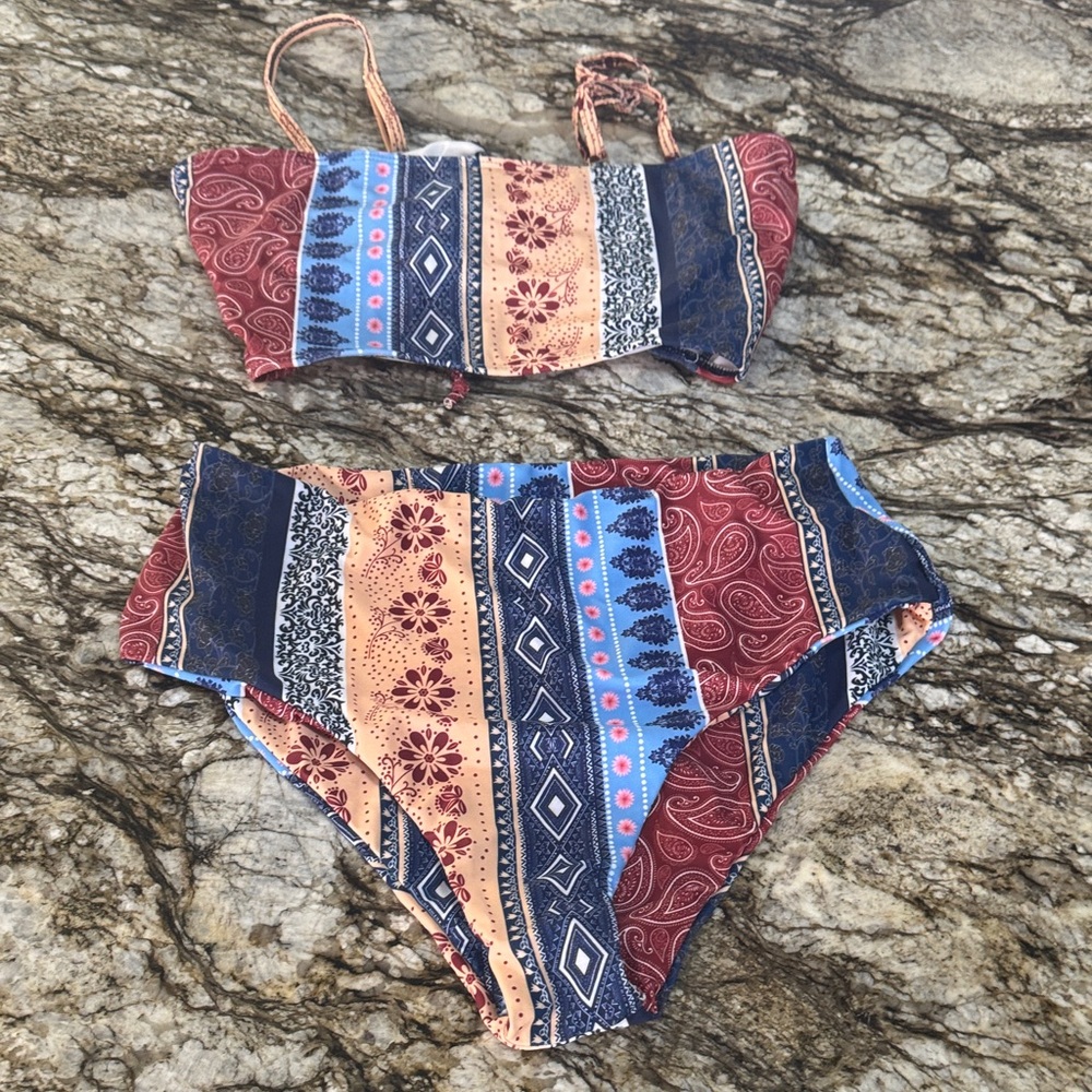 SHEIN Bohemian Striped Bikini in Blue and Brown